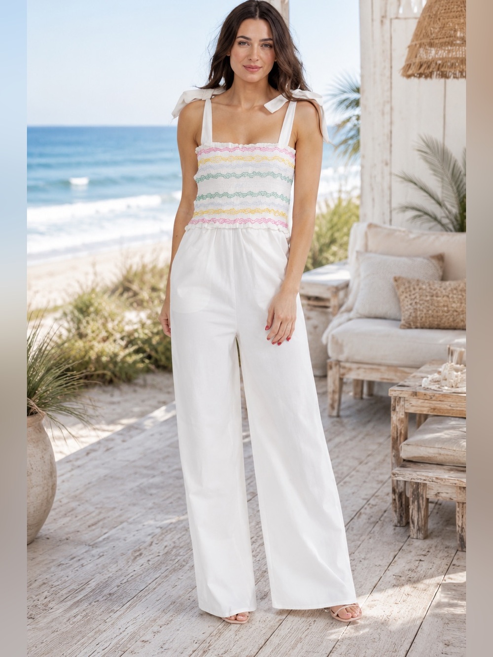 Women’s White Wide-Leg Smocked Jumpsuit with Pastel Trim